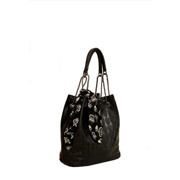 Skull Embossed Faux Pat Leather w/Chain Straps Bucket Bag Black Purse No Scarf - Picture 1 of 5